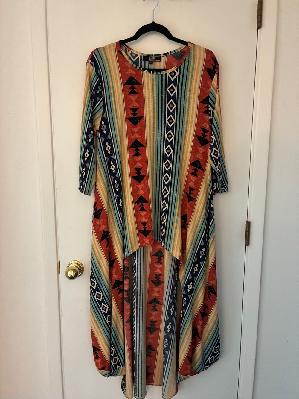 Lucky & Blessed Striped Southwestern High-Low Dress in Rust, Teal, and Cream 129